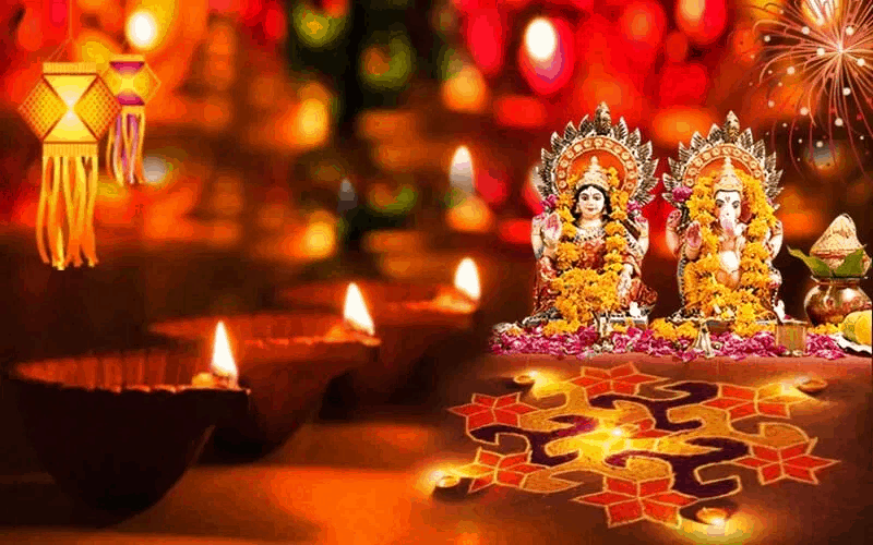 This image shows exactly how to celebrate Diwali with lighting by diyas and do pooja of gods.